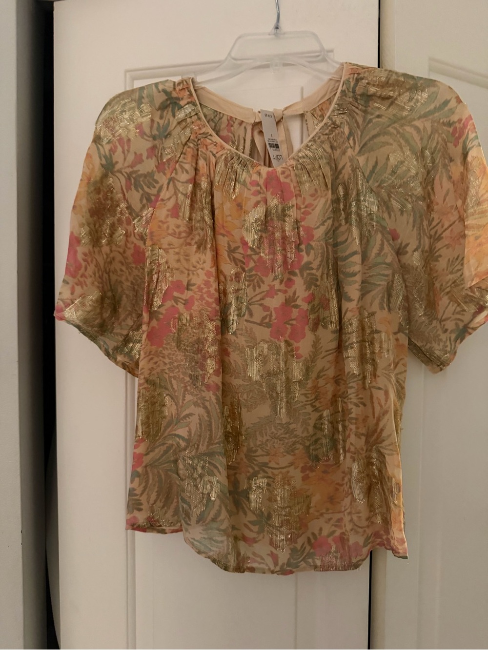 Loft Lightweight Floral Metallic-Accent Blouse - Beige/Pink Size small NWT